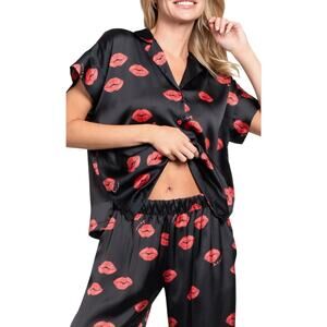 Midnight Bakery Kiss Print Satin Long Pajama Set, Black Red, Women's XL, NWT